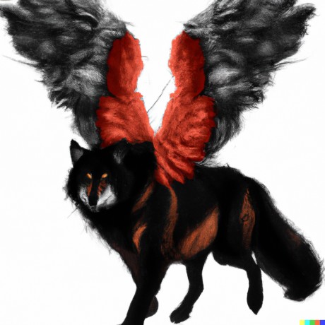DALL·E 2023-05-31 14.21.02 - Flluffy animal, wolf and cat in one, black and red, big, realistic, big wings 